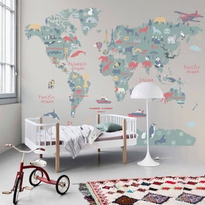 Stickers muraux amovibles carte du monde, décoration de chambre, autocollant carte du monde animal, sticker mural, décoration murale, salle de jeux, carte des enfants, vinyle