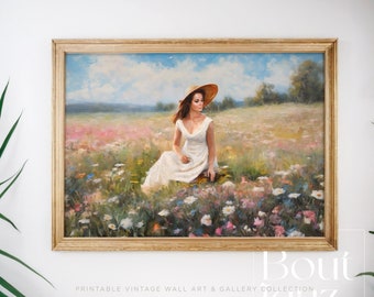 Wildflowers Field Landscape of a Girl, Artwork Digital Prints, Boutiquz Prints PRINTABLE, Wall Art Spring, Art Digital Download, Oil Paint