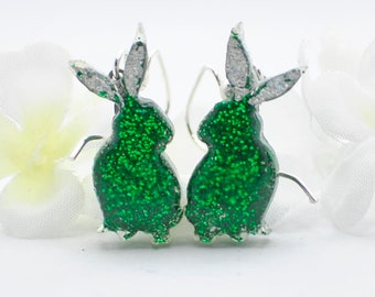 Green Bunny Earrings Emerald- Sparkly Emerald Green Rabbit Jewelry- Cute Bunny Drop Earrings- Pet Bunny- Resin Jewelry- Resin Bunny Jewelry