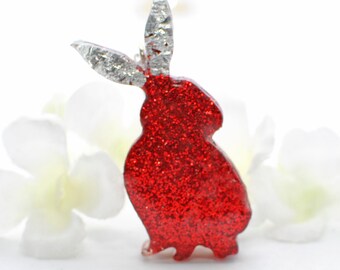 Red Bunny Necklace Ruby- Sparkly Red Rabbit Jewelry- Cute Bunny Pendant- Pet Bunny- Resin Jewel- Bunny Rabbit Necklace- Resin Bunny Jewelry