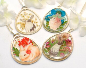 Flower Rabbit Necklace- Bunny Necklace- Your Choice- Bunny Jewelry- Bunny Rabbit Jewelry- Resin Jewelry- Resin Necklace- Resin Bunny Pendant