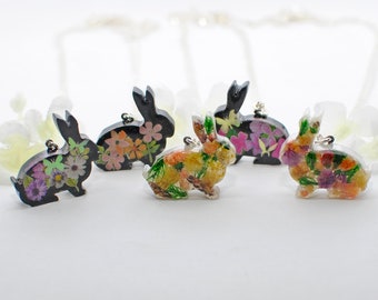 Floral Butterfly Bunny Pendant- Dried Flowers Rabbit Jewelry- Resin Bunny Necklace- Butterfly Bunny- Bunny Jewelry- Art Resin Flower Pendant