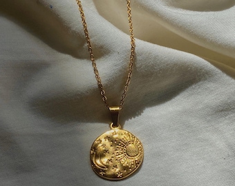 Celestial Gold Necklace | Coin Pendant Necklace | Sun Pendant Necklace | Moon Pendant Necklace | Gold Coin Necklace | Waterproof