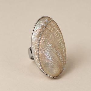 Puede incluir: Un anillo ovalado con una gran incrustación de concha iridiscente en tonos naturales beige y crema. La superficie de la concha muestra un patrón fibroso y texturizado, bordeado por un fino adorno de metal plateado con cuentas.