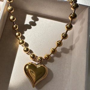 Gold Heart Necklace | Chunky Ball Chain Necklace | Chunky Heart Necklace | Statement Necklace | Y2K Inspired Gift | Gift for her