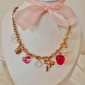 Pre Made Charm Necklace | Cute Charm Necklace | Gold Charm Necklace | Summer Charm Necklace | Gift For Her | Pink Charm Necklace