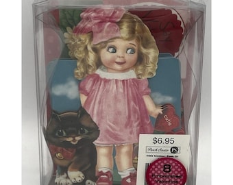 8 Valentines Punch Studio Cards w/Envelopes Kiddy Girl & Cat Boxed 53255