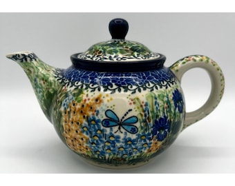 T Liana Unikat 2380 Polish Pottery Spring Dragonfly Teapot Green & Blue EUC