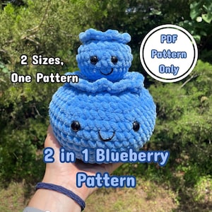 May include: A crochet pattern for a blueberry plush toy. The pattern includes two sizes, a small blueberry and a larger blueberry. The pattern is available as a PDF download only. The text on the image reads "2 Sizes, One Pattern" and "2 in 1 Blueberry Pattern".