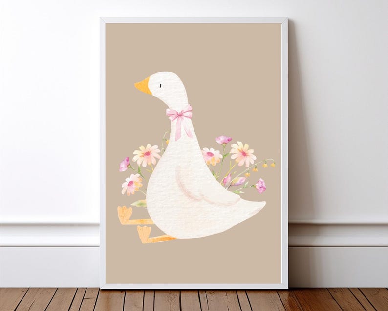 May include: A watercolor illustration of a white goose with a pink bow sitting on a tan background. The goose is surrounded by pink and yellow flowers.
