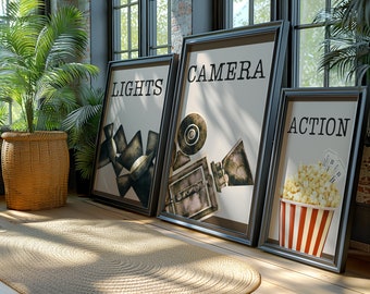 Home Cinema Decor Printable Theatre Room Wall Art Home Movie Room Print Set of 3 Snack Bar Print Bundle Vintage Cinema Room Decor