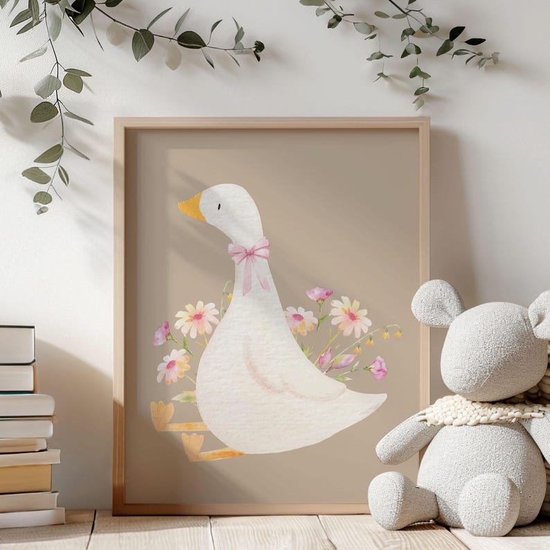 May include: A watercolor illustration of a white goose with a pink bow sitting on a beige background with pink and yellow flowers.
