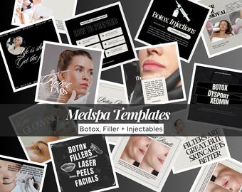 May include: A collection of square social media templates for a medical spa, featuring black and white imagery and text related to Botox, dermal fillers, laser treatments, and skincare services, with various layouts and typography styles.
