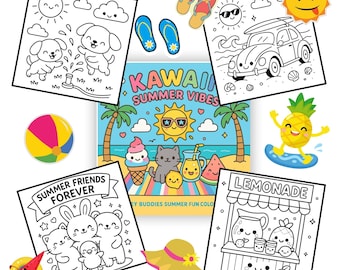 Kawaii Summer Coloring Book | Beach, Animals, Ice Cream (Digital Download)