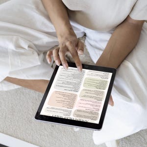 May include: A digital tablet displaying a printable "Adult Cheat Sheet" with a colourful design. The sheet is divided into sections with text and bullet points.