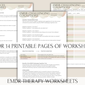 May include: A set of printable worksheets for EMDR therapy. The worksheets are designed to help people challenge negative thoughts and beliefs. The worksheets are in a light brown and green colour scheme with a pink and white accent.