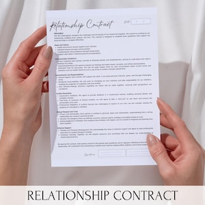 May include: A black and white printable relationship contract with the title "Relationship Contract" at the top and bottom of the page. The contract includes a list of guidelines for a healthy relationship, such as communication, conflict resolution, and mutual respect.