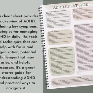 May include: A printable cheat sheet with a green background and white text. The cheat sheet provides an overview of ADHD, including key symptoms, strategies for managing ADHD in daily life, tools and techniques that can help with focus and organisation, potential challenges that may arise, and helpful resources. It's a great starter guide for understanding ADHD and practical ways to navigate it.