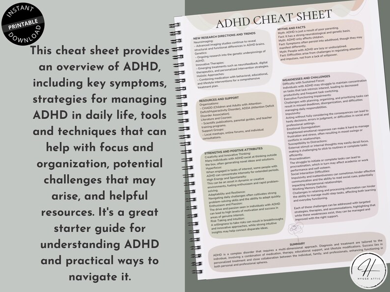 May include: A printable cheat sheet with a green background and white text. The cheat sheet provides an overview of ADHD, including key symptoms, strategies for managing ADHD in daily life, tools and techniques that can help with focus and organisation, potential challenges that may arise, and helpful resources. It's a great starter guide for understanding ADHD and practical ways to navigate it.