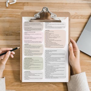 May include: A clipboard with a checklist of information about Developmental Coordination Disorder (DCD). The checklist includes sections on definition, aetiology and risk factors, symptoms, coping strategies, comorbidities, and treatment and management.