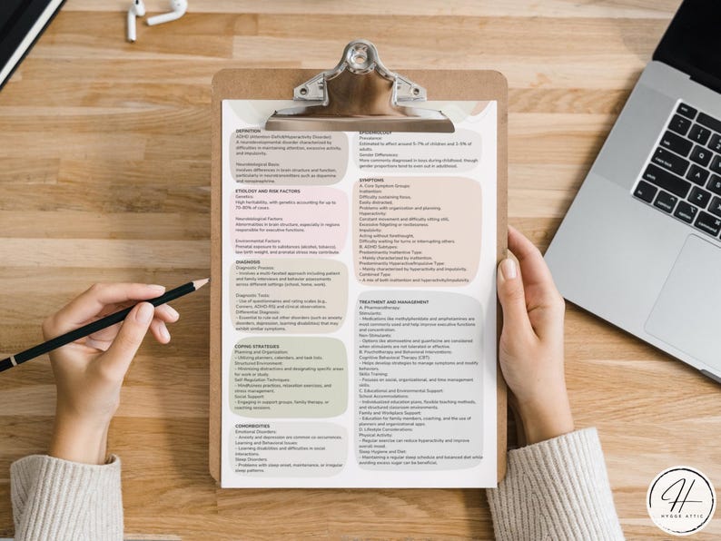 May include: A clipboard with a checklist of information about Developmental Coordination Disorder (DCD). The checklist includes sections on definition, aetiology and risk factors, symptoms, coping strategies, comorbidities, and treatment and management.