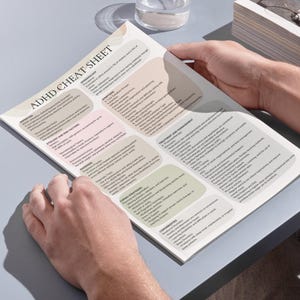 May include: A printable ADHD cheat sheet with sections for symptoms, triggers and risk factors, diagnosis, treatment and management, coping strategies, and common conditions. The sheet is printed on white paper with a light pink, light green, and light blue colour scheme.