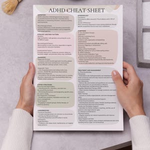 May include: A beige and green cheat sheet with the title "ADHD Cheat Sheet" and information about the disorder, including definition, aetiology, diagnosis, coping strategies, comorbidities, epidemiology, symptoms, treatment and management.