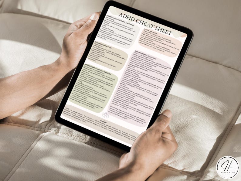 May include: A digital tablet displaying a cheat sheet for ADHD with sections on how neurodiversity affects thinking and creates challenges, resources and support, attention and executive functioning, strengths and challenges, and a summary. The cheat sheet is on a white background with green and pink accents.