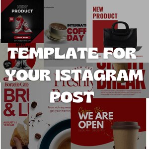 Può includere: Un collage di immagini che promuovono diverse attività commerciali. L'immagine in alto a sinistra presenta un paio di scarpe da ginnastica rosse con il testo "Nuovo prodotto" e "Acquista ora". L'immagine in alto a destra presenta una borsa nera con il testo "Nuovo prodotto". L'immagine in basso a sinistra presenta un bar con il testo "Borcelle Cafe" e "Bri & L". L'immagine in basso a destra presenta un bar di caffè con il testo "Coffee Bar" e "Siamo aperti".