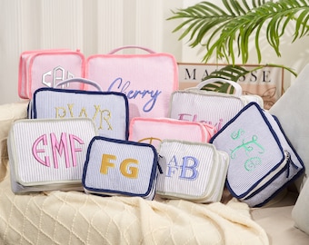 Bolsa de seersucker personalizada Cubo de embalaje de nailon bordado (juego de 3) Bolsas de viaje etiquetadas con cubo de embalaje Seersucker Packinf Cubes Bolsa con cremallera