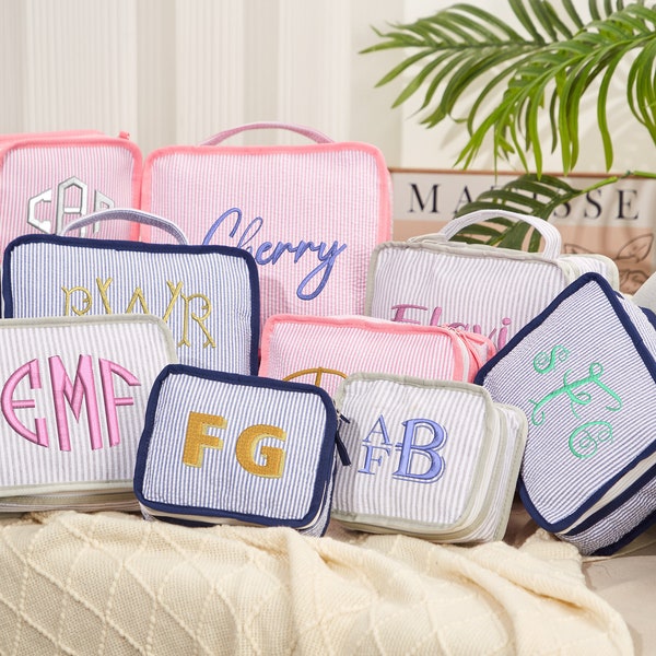 Personalized Seersucker Pouch Embroidered Nylon Packing Cube (Set Of 3) Packing Cube Labeled Travel Bags Seersucker Packinf Cubes Zipper Bag