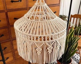 Macrame lampenkap, macrame kroonluchter verlichting, handgemaakt licht, hanglamp, boho plug in hanglamp hangende handgemaakte macrame lamp