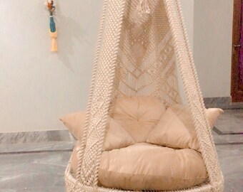 Cream Color Cotton Macrame Swing Hanging Chair  Swing Chair  Macrame Rocking Swing Chair Hanging chair Indoor Chair Hanging indoor For Home