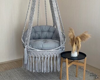 Grey Cotton Macrame Swing, Hanging Chair, Swing Chair, Macrame Rocking Swing Chair, hanging chair indoor, chair hanging indoor Fast shipping