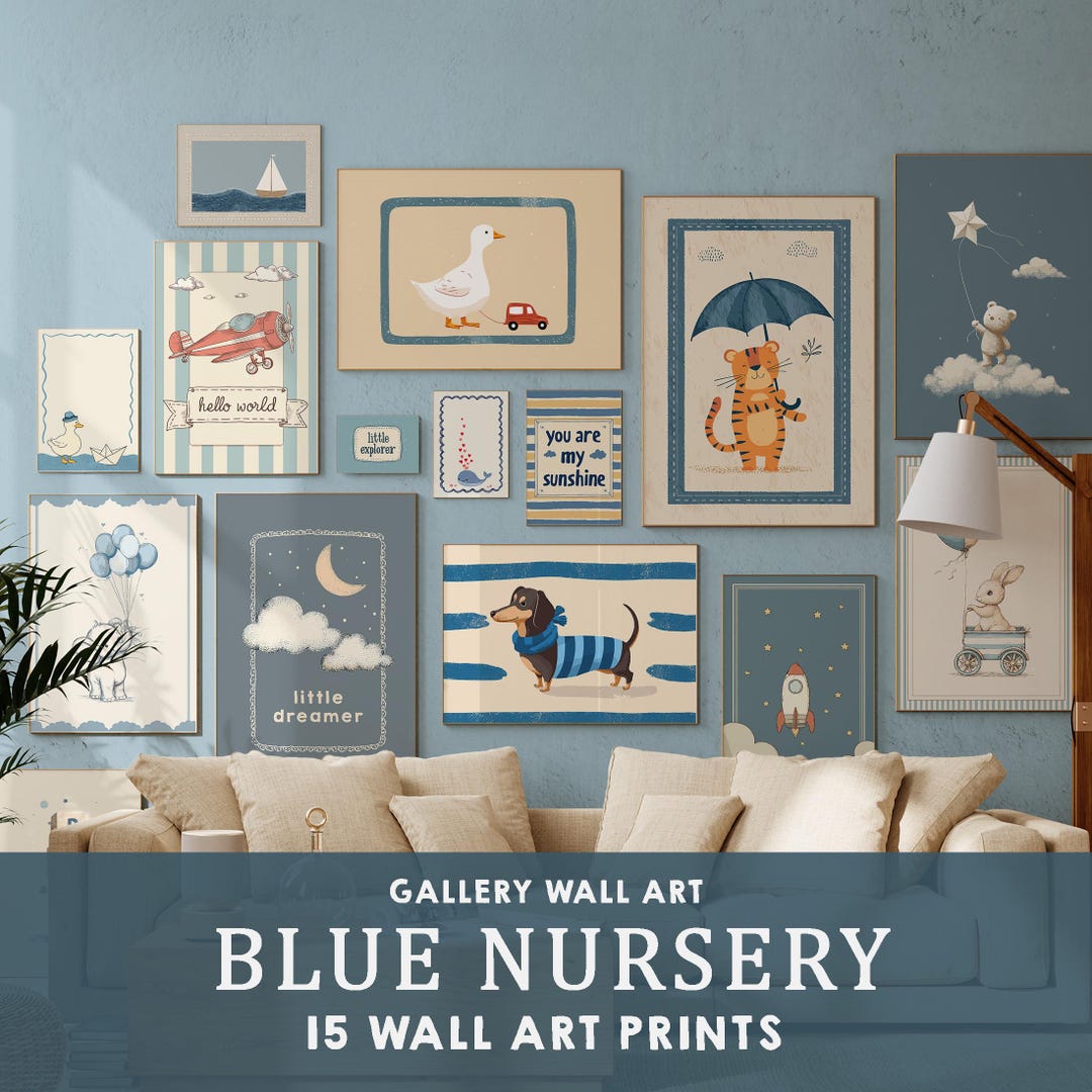 Blue Nursery Print Bundle: Boys Bedroom - Cute Animal Wall Art - Baby ...