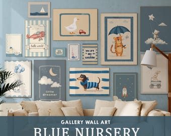 Blue Animal Nursery Prints: Boys Room Decor, Set of 15 (Digital Download)