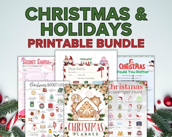 Christmas and Holidays Printable Bundle | Secret Santa | Xmas Bucket List | Would You Rather Game | Advent Activities | Christmas Wish List
