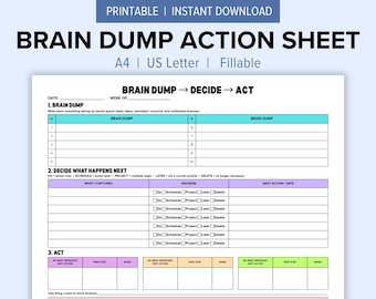 Brain Dump Worksheet Printable, Brain Dump Action Planner, Task Organizer, Productivity Planner, Fillable PDF