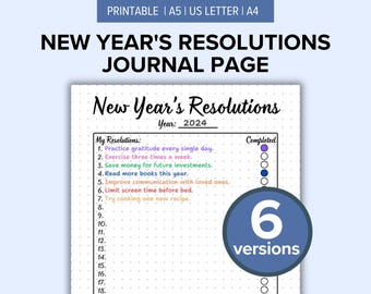 新年の抱負ジャーナルページ印刷可能 | A5、US レター、A4 | 即時ダウンロード