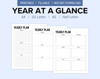 Year at a Glance Planner | 5 Two-Page Printable Yearly Planner Versions | PDF Digital Download
