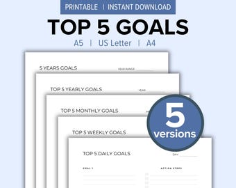 Top 5 Goals Printable Planner Bundle | 2025 Yearly, Monthly, Weekly, and Daily Planner | 2025 Daily, Weekly, Monthly, and Quarterly Goals