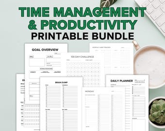 Time Management & Productivity Printable Bundle | 25+ Products for One Price | Habit Tracker, Daily Planner, Goal Setting, Time Blocking