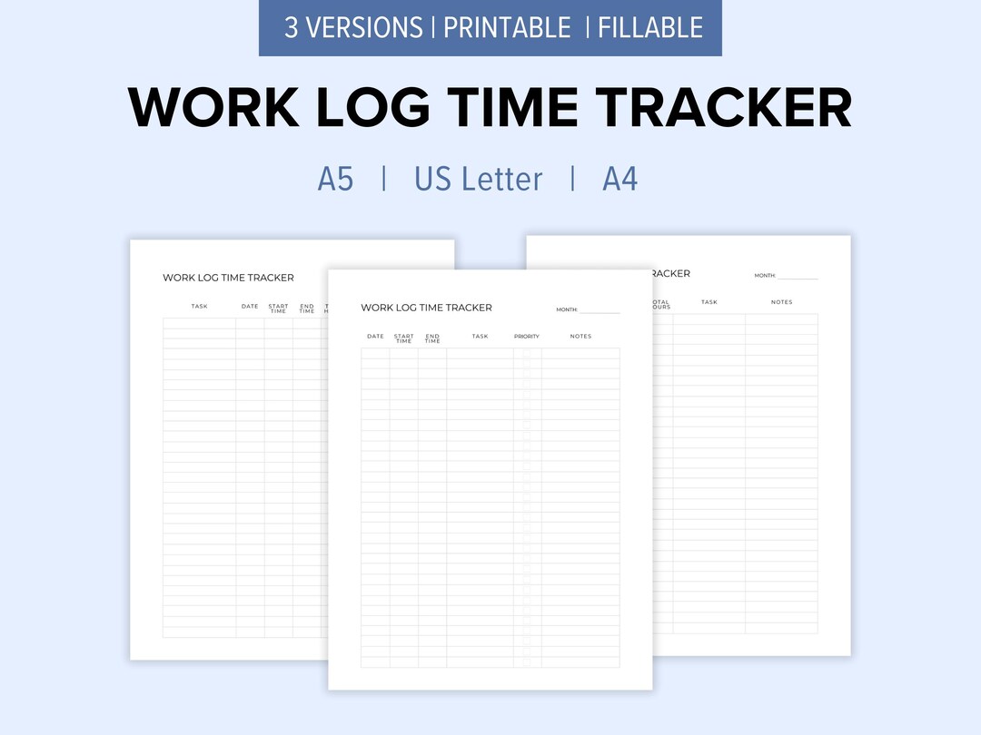 Work Log Time Tracker Printable | A5, US Letter, A4 | Fillable ...