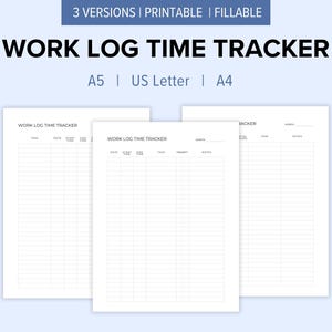 Work Log Time Tracker Printable | A5, US Letter, A4 | Fillable & Instant Download