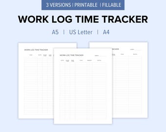 Work Log Time Tracker Printable | A5, US Letter, A4 | Fillable & Instant Download