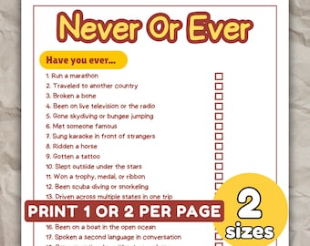 Never or Ever Printable Game - 25 Fun Icebreaker Questions, Office Game, Party Activity for Adults PDF