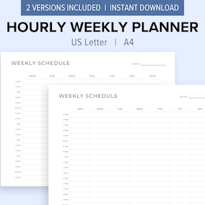 Puede incluir: Dos plantillas de planificador semanal imprimibles en tamaños US Letter y A4. Cada plantilla presenta una cuadrícula de horario por hora en blanco para cada día de la semana, con espacio para una fecha y un título.