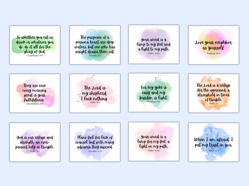 May include: A set of 10 printable cards with watercolor backgrounds and inspirational bible verses. Each card features a different verse and a different color background.