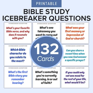 May include: A set of 132 printable Bible study icebreaker question cards. The cards feature various prompts in different colours, including red, blue, orange, and black text on a white background, with the title Bible Study Icebreaker Questions.