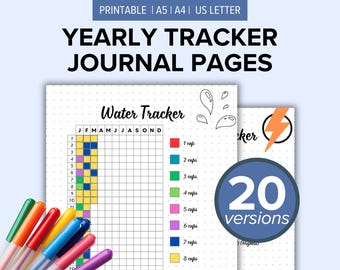20 Yearly Tracker Journal Pages Printable Bundle | Year in Pixels Tracker Template | Bullet Tracking for a Journal | Happy Planner Inserts